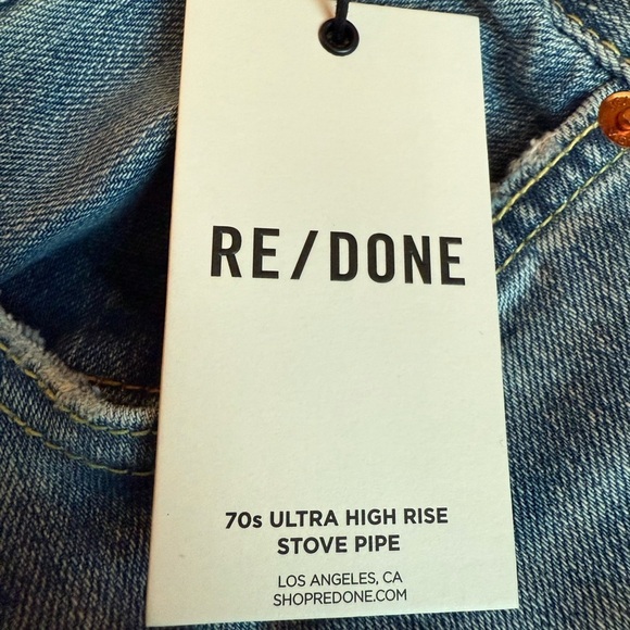 RE/DONE 70’s.ULTRA HIGH RISE STOVE PIPE WORN CRYSTAL BLUE JEANS SIZE 26 NWT - Picture 3 of 8